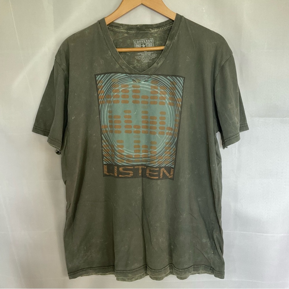 Vintage Y2K Converse One Star Acid Wash Listen Graphic V-Neck Tee